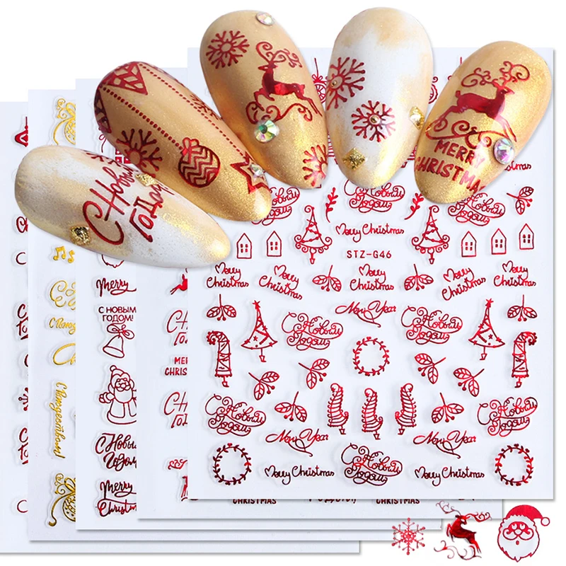 Nail Art Xmas Stickers - クリスマスネイルアートデザイン、トランスファースライダー、3Dデカール、赤、金、冬、クリスマスツリー、キラキラ、スノーフレーク、エルク