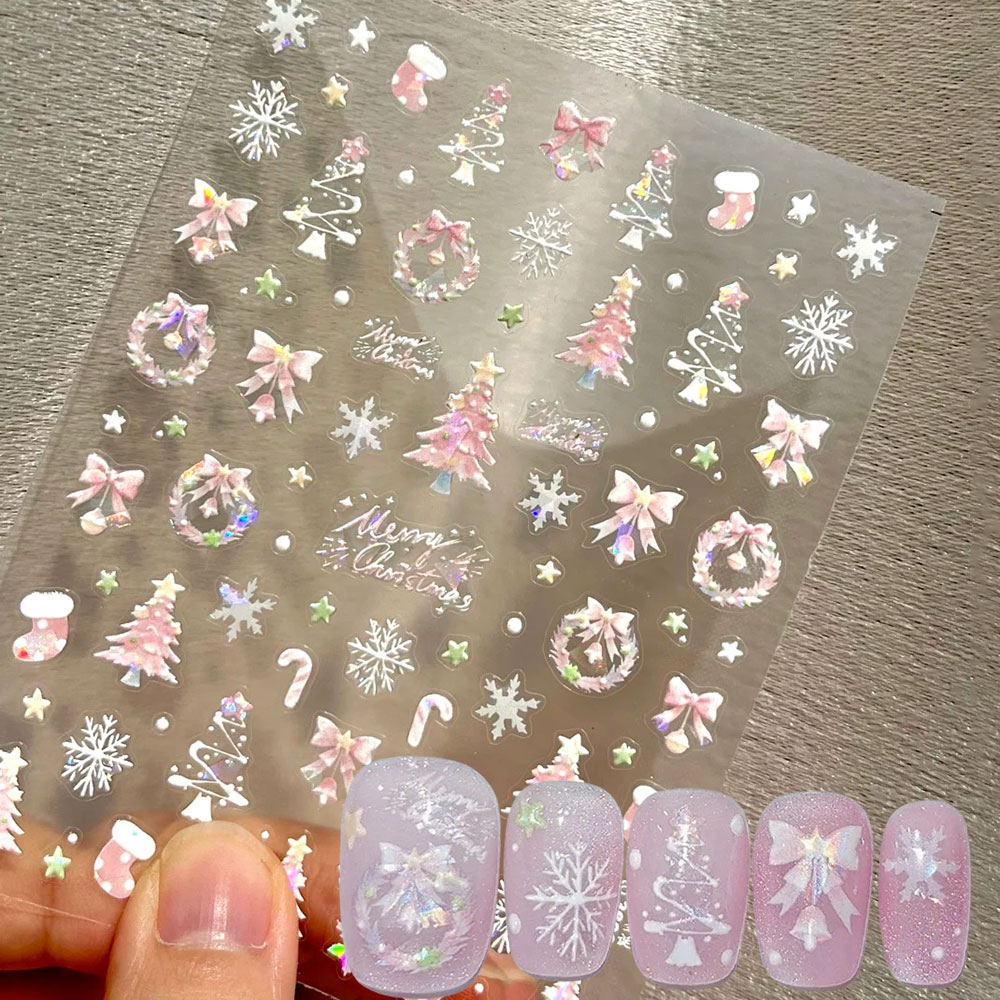 Nail Art Xmas Stickers - 1 個オーロラピンククリスマスツリーボウリースネイルアートステッカーかわいいピンクストッキング雪の結晶ネイルデカール自己粘着クリスマス装飾