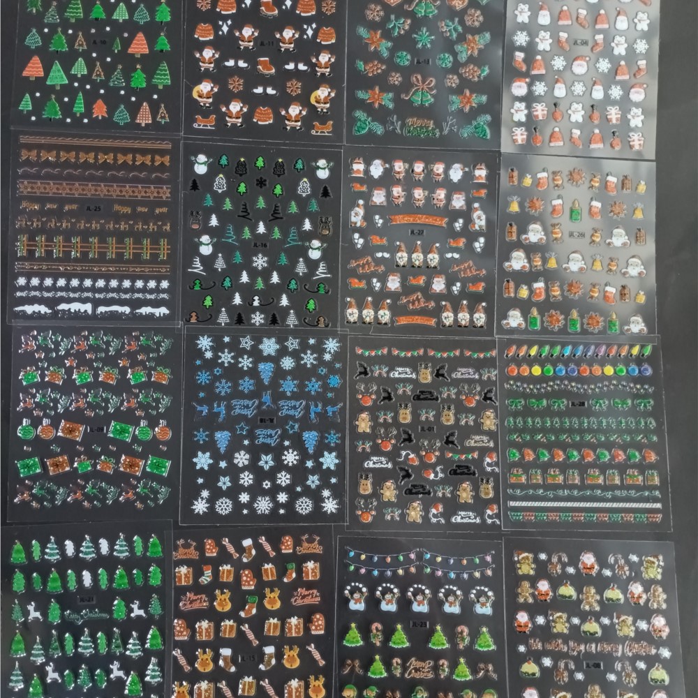 Nail Art Xmas Stickers - ネイルアート用ステッカー,クリスマス,カラフル,キラキラ,雪片,トナカイ,キラキラ,雪だるま,ベル,デカール,30枚