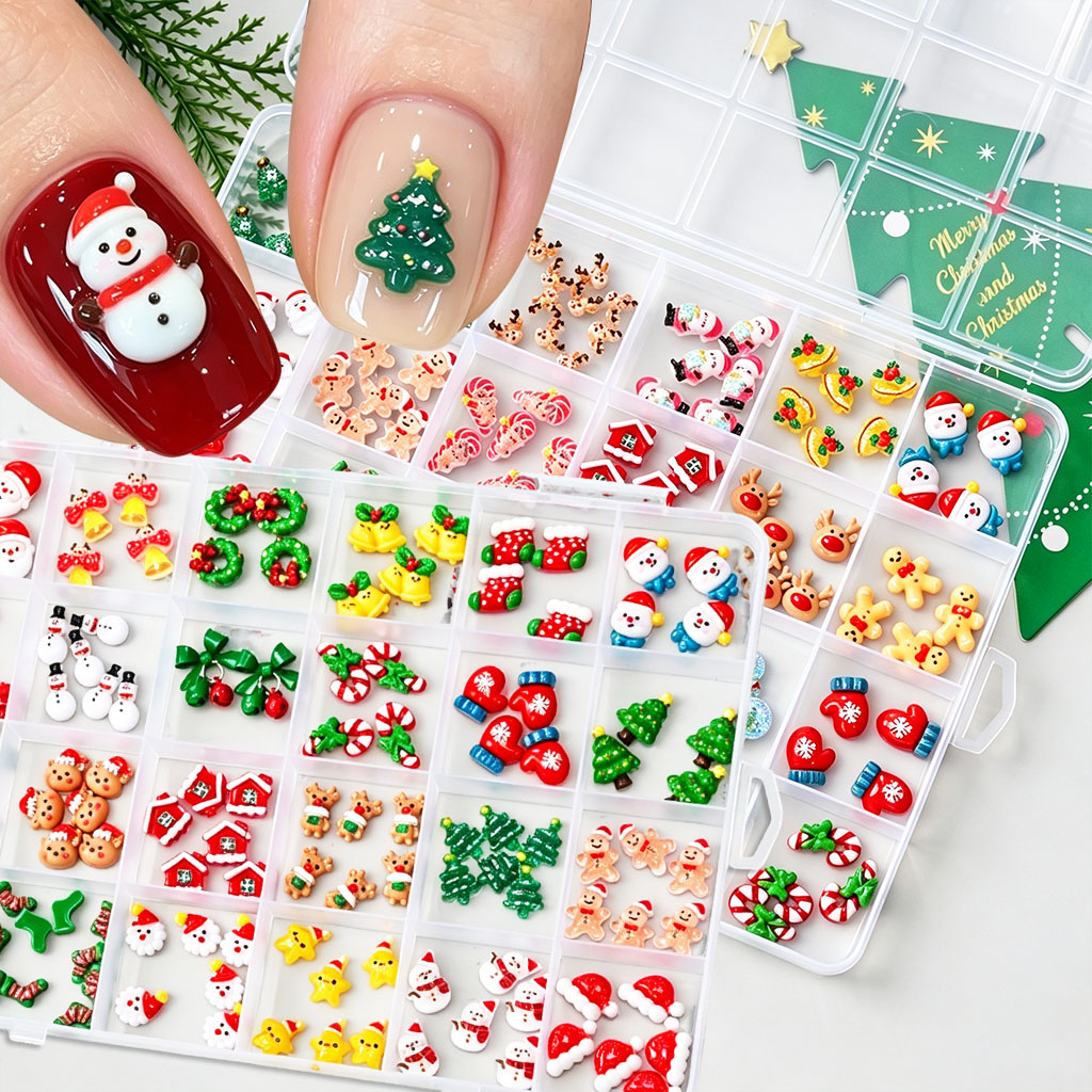 Nail Art Xmas Tree - 1箱入りミックス3Dクリスマスネイルチャームミニ漫画雪だるま/ジンジャーブレッド/クリスマスツリー/キャンディケーン樹脂デコレーションDIY冬ネイルアート用品