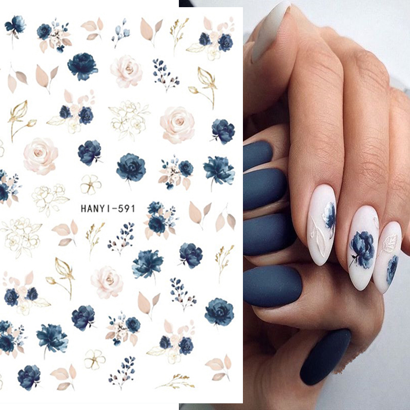 Nail Art France - 3d ネイルアートデカールエレガントなホワイトロイヤルブルーのバラの花粘着スライダーネイルステッカー装飾用ネイルマニキュア