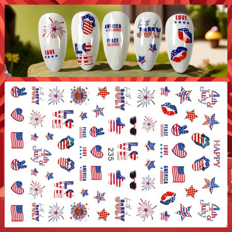 Nail Art France - 1 シート独立記念日ネイルステッカー独立記念日愛国的なネイルデカール自己粘着記念日米国旗スターネイルアートスライダー