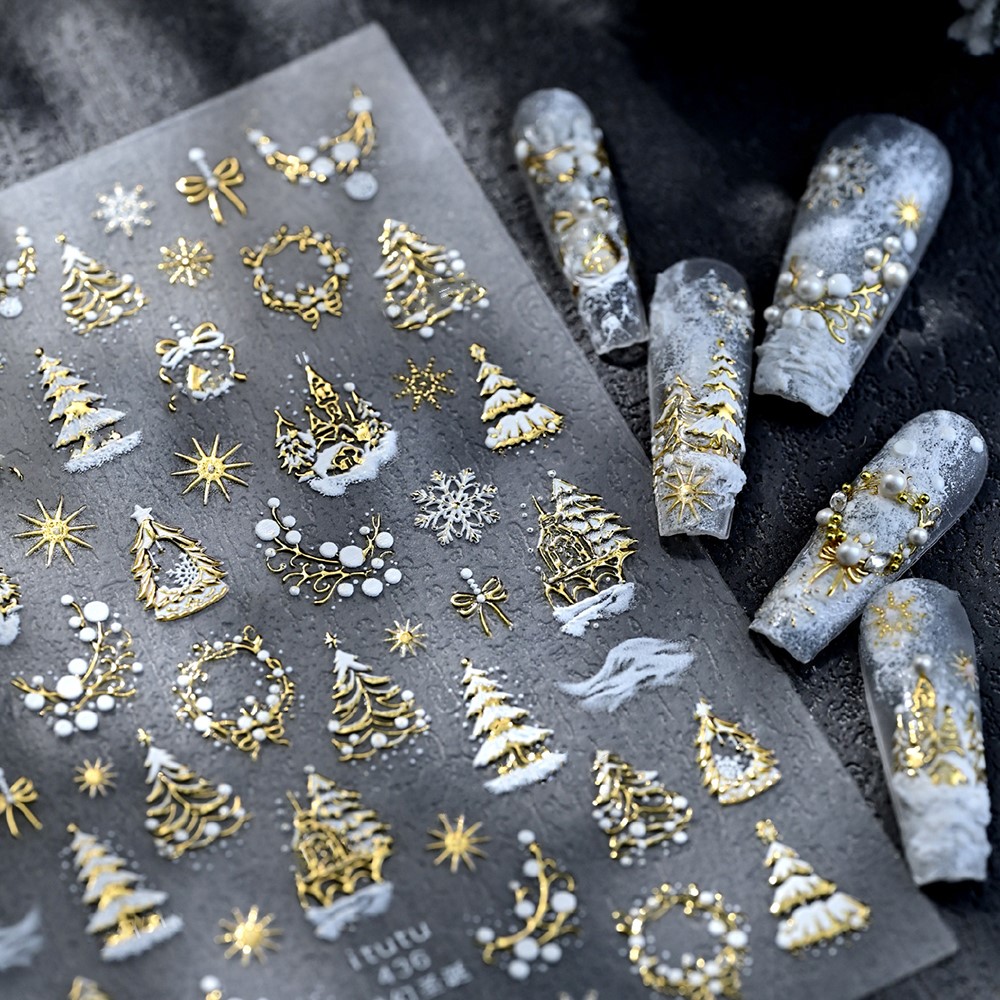 Nail Art Xmas Tree - 5D エンボスゴールド城/ガーランド/クリスマスツリーネイルステッカー白い雪の結晶弓スターネイルデカール自己粘着クリスマスネイルデコレーション