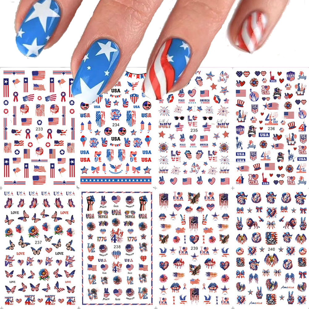 Nail Art France - 1 個 3D 独立記念日米国旗デザインネイルステッカー自己粘着アメリカ国旗ネイルデカール DIY マニキュア米国旗スライダー