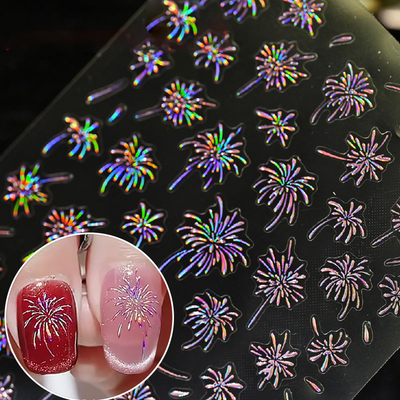 Nail Art France - 1PC レーザー花火ネイルステッカー 3D 自己粘着ブルーミング花火ネイルデカール新年花火デザインネイルスライダー 10*8 センチメートル