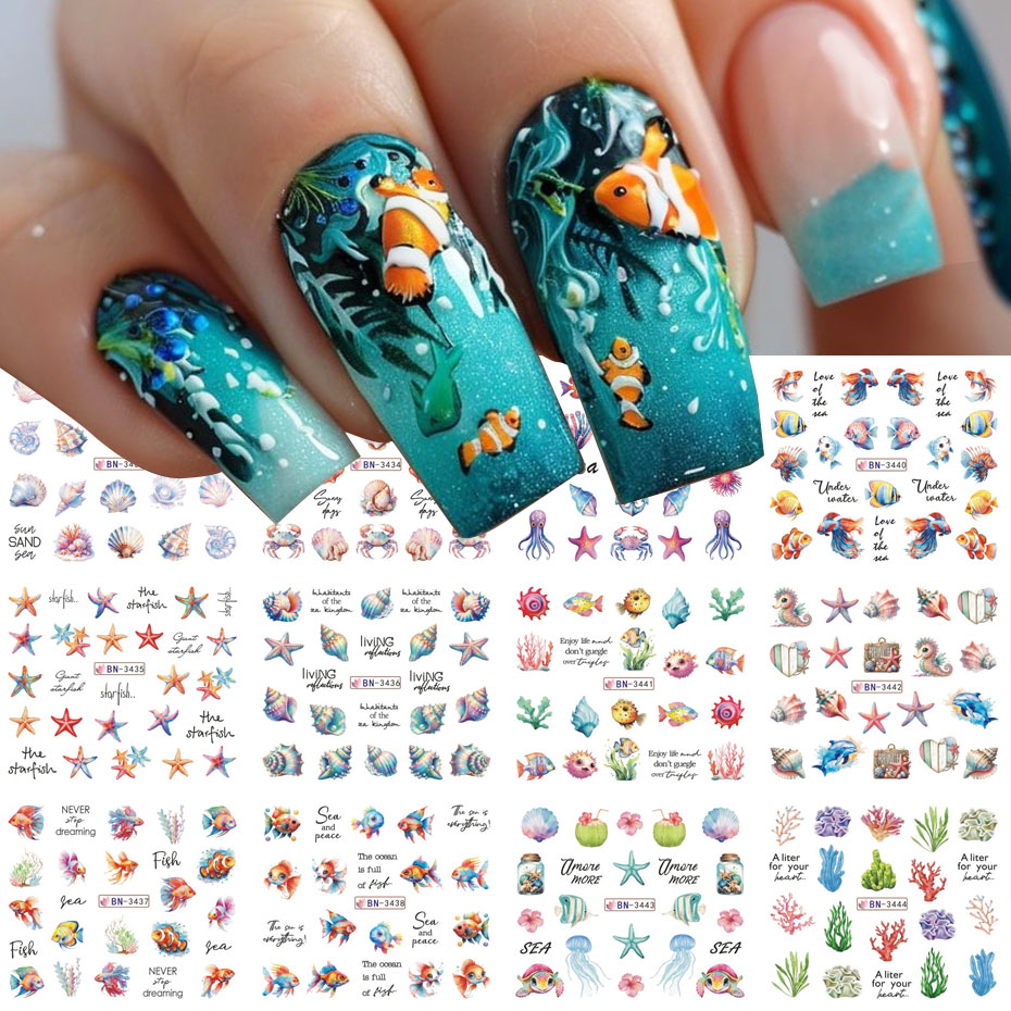12 デザイン海洋生物水ネイルステッカー漫画夏の海の魚の殻海 - Nail Art France のレビューと価格