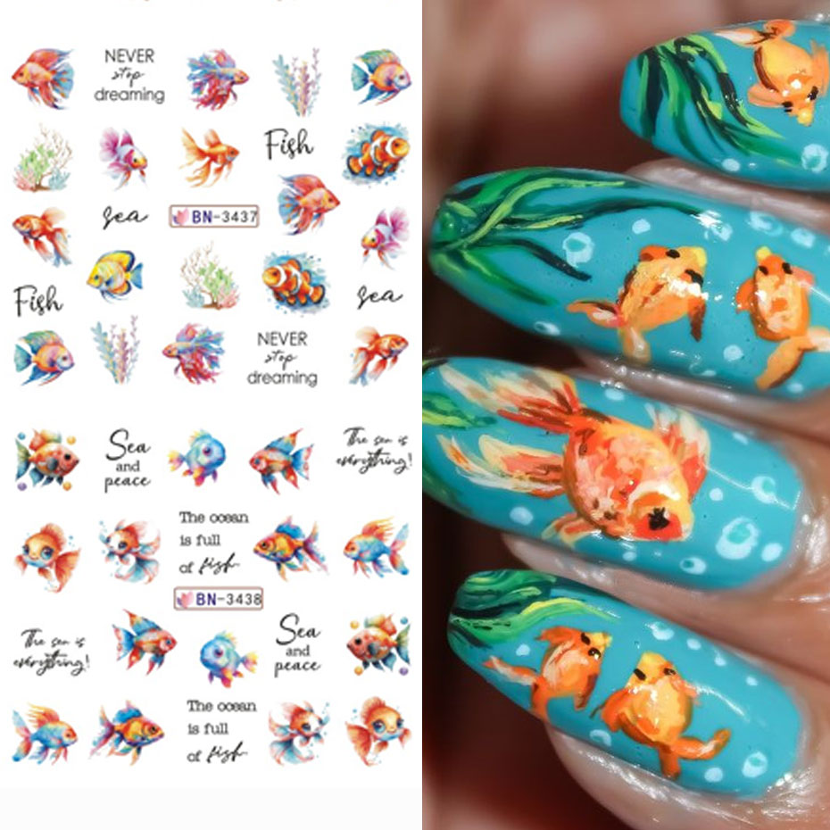 12 デザイン海洋生物水ネイルステッカー漫画夏の海の魚の殻海 - Nail Art France のレビューと価格