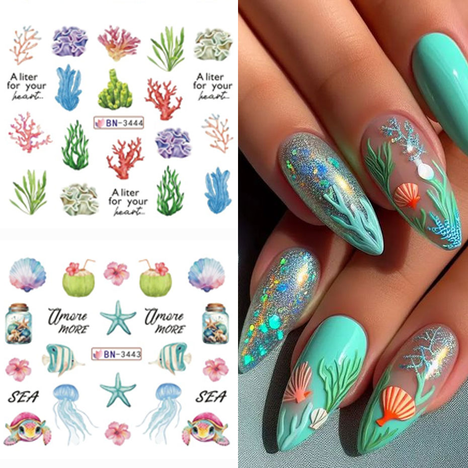12 デザイン海洋生物水ネイルステッカー漫画夏の海の魚の殻海 - Nail Art France のレビューと価格