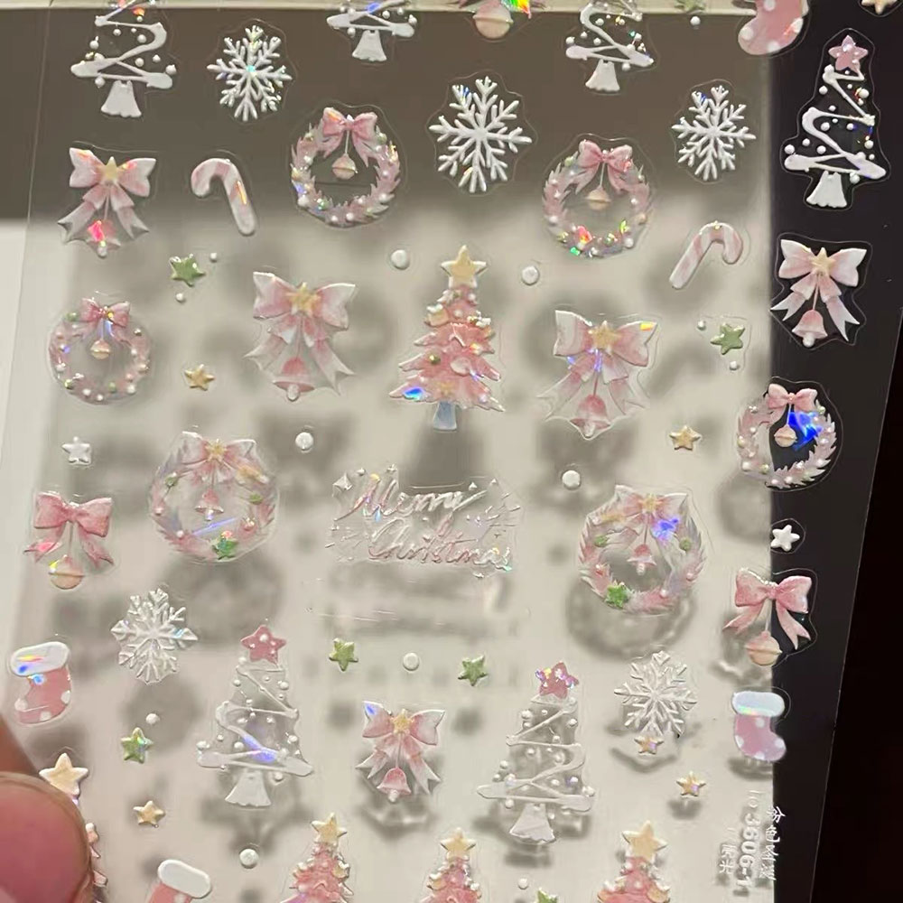 1 個オーロラピンククリスマスツリーボウリースネイルアートス - Nail Art Xmas Stickers のレビューと価格