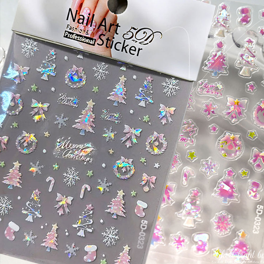 1 個オーロラピンククリスマスツリーボウリースネイルアートス - Nail Art Xmas Stickers のレビューと価格