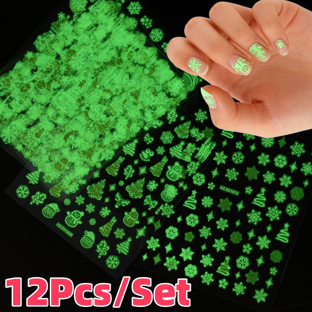 12 ピース/セット 3D 発光クリスマス雪片ネイルステッカ - Nail Art Xmas Stickers のレビューと価格