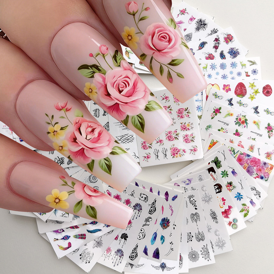 48枚入りネイルアートステッカー、春夏の花、バラ、蝶、葉っぱ - Nail Art France のレビューと価格
