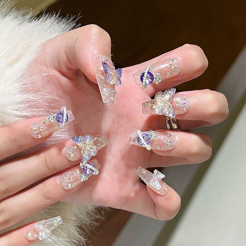 輝く蝶で手作りの偽のネイル,大きな惑星をデザインした,コーヒ - Nail Art Lotso のレビューと価格