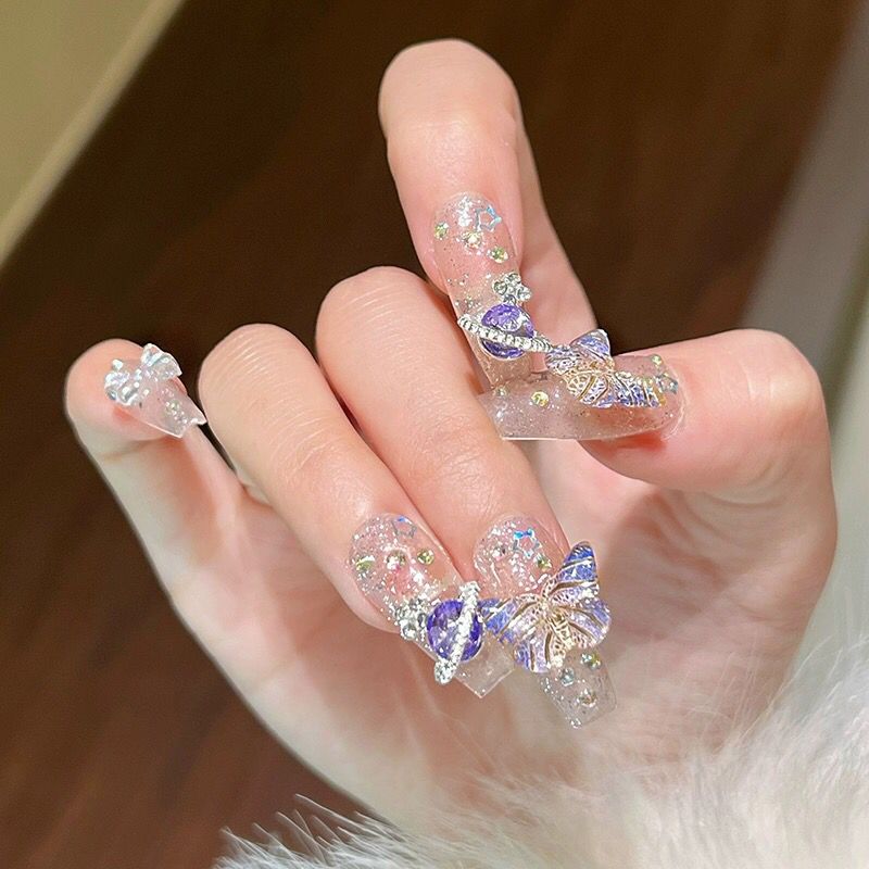 輝く蝶で手作りの偽のネイル,大きな惑星をデザインした,コーヒ - Nail Art Lotso のレビューと価格